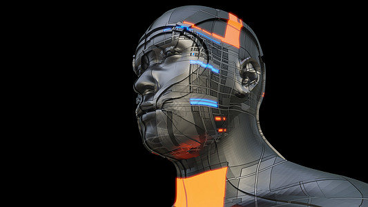 具有发光部分的深色未来派机器人面具肌肉辉光技术反思机器艺术电子人胸部成人图片