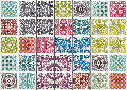 具有维多利亚时代风格的无缝拼接瓷砖  Majolica 陶瓷砖彩色 azulejo 原始传统葡萄牙和西班牙装饰 印刷壁纸织物纸和图片