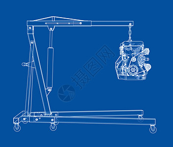 发动机起重机与发动机 outlin插图机器机械工程工具维修绘画腰带运输车库图片