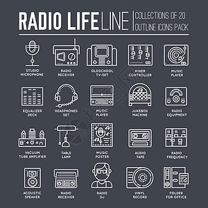 无线电生活日细线集合图标集 办公室里的老式电视设备和工作区 配有 Dj 主持人男女插图 调频研究中的矢量轮廓媒体复古技术安慰互联图片