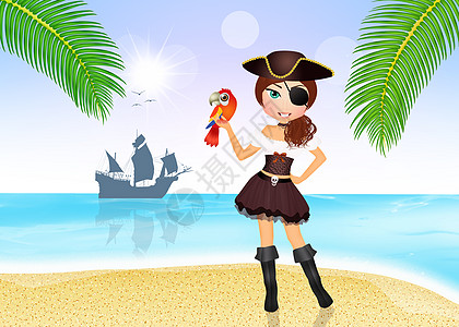 海盗女孩女性海洋帆船鹦鹉插图骨骼旗帜戏服海盗帽图片