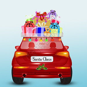 圣诞老人的车带来了礼物运输仙女玩具丝带驾驶明信片方向盘轮子红色庆典图片