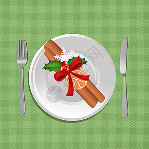 设定的圣诞节表格餐厅礼仪桌布橙子邀请函桌子刀具肉桂午餐问候语背景图片