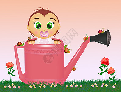 水罐中的女婴蜗牛孩子粉色女孩婴儿明信片玫瑰女性花朵插图图片