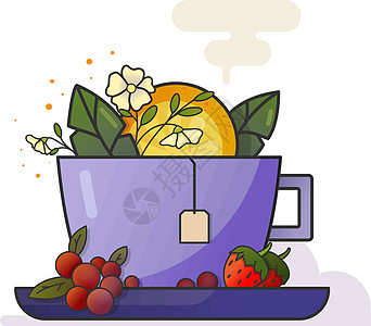 一杯带水果和鲜花的茶矢量 ar柠檬涂鸦浆果卡通片绘画咖啡菜单框架标签咖啡店图片