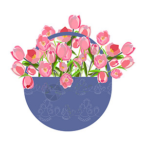 篮子里的郁金香平手绘圆圈植物派对插图草本白色打印横幅植物学卡片图片