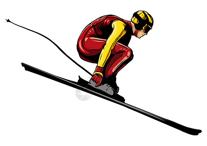 高山滑雪运动员在下山的黑轮脚下滑雪图片