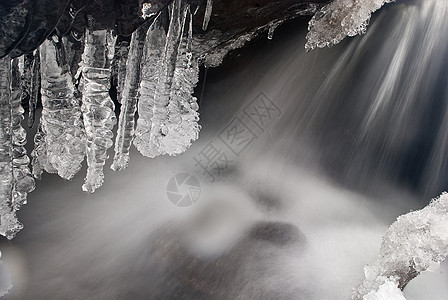 冷河附近冰雪的形成溪流河道流动冻结液体冷冻荒野瀑布温度岩石图片