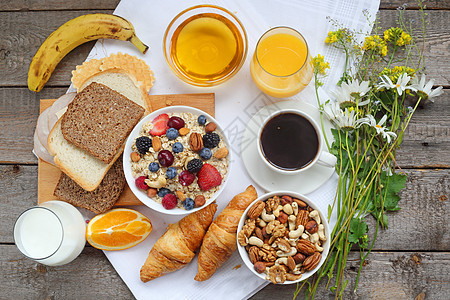 餐桌上健康早餐熏肉牛奶水果饮食木头橙子香蕉食物营养桌布背景图片