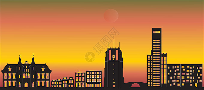 荷兰列奥德沃登的天空线教会学校旅行酒店校园城市太阳商店房屋地标图片