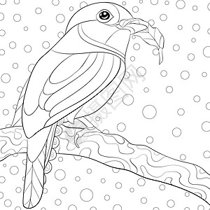 成人着色书 在早午餐图像上为一只可爱的鸟翻页以供重新海报纠纷花瓣黑色插图绘画艺术曲线白色冥想图片