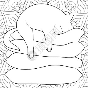 成人彩色书 在枕头上贴了一只可爱的睡猫艺术树叶打印白色海报花瓣黑色曲线睡眠插图图片