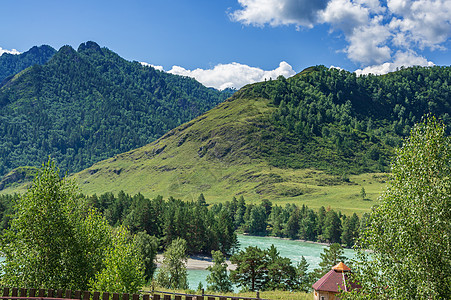 山中河流的景象森林爬坡卡通石头树木顶峰绿色风景蓝色旅游图片