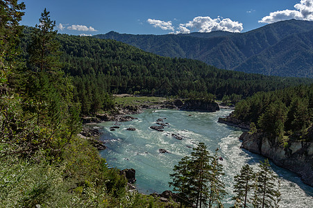山中河流的景象卡通岩石天空风景旅游森林旅行全景石头爬坡图片