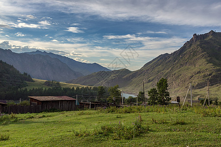 阿尔泰夏季山区地貌图景树木天空绿色全景爬坡旅行蓝色森林风景草地图片