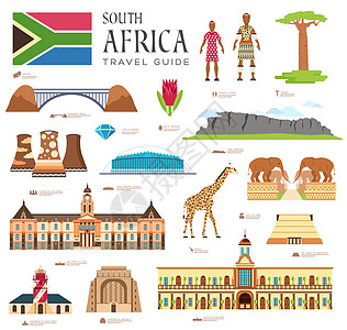 国家地区南非旅游度假指南的商品和功能 一套建筑时尚人物项目自然背景概念 平面样式上的信息图表模板设计旅行桌子灯塔国家地标首都公园图片