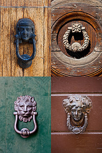 古意大利式的门锁和把手装饰青铜黄铜金属动物狮子建筑学木头橙子建筑图片