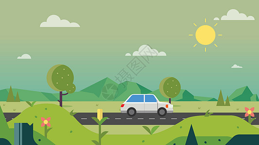 具有汽车和天空背景矢量插图的自然道路农村地区图片