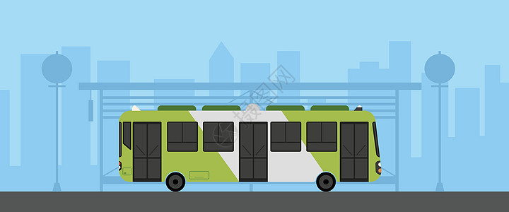 在城市景点矢量示意图中 绿色公交车与公共汽车站相配的平面绿色公交车图片