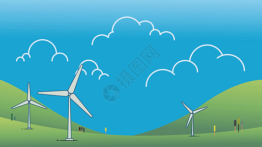 山上的风力涡轮机与天空矢量插图 绿色能源概念 现代卡通自然景观与风力涡轮机设计 生态环境背景图片