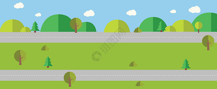通往自然场景背景矢量图的道路 街道两条线与田野山云和树木 美丽的自然景观图片