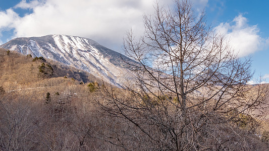 日本Nikko的雪峰山荒野树木山脉白色天空森林绿色风景旅行蓝色图片