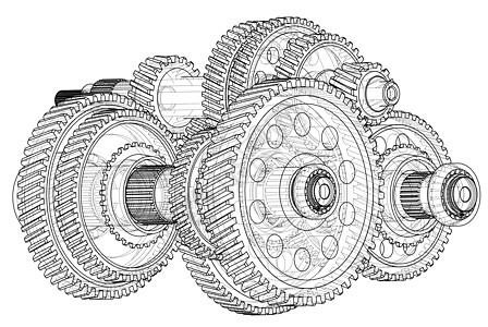 概述齿轮箱概念 韦克托齿轮框架草图3d工程渲染工厂建造车轮外形背景图片