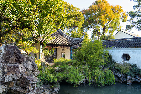 秋天在中国苏州花园公园的秋天风景分支机构建筑季节旅行叶子橙子文化传统阳光图片