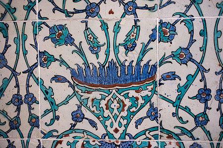 奥斯曼古手工土耳其瓷砖脚凳建筑学建筑绘画艺术马赛克火鸡蓝色古董历史图片