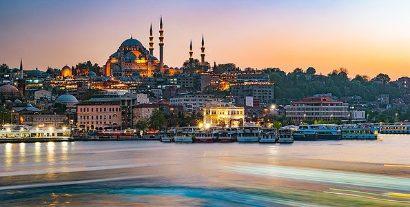Suleiimanie清真寺 伊斯坦布尔黄昏天际尖塔议会建筑物火鸡蓝色文化城市景观地标图片