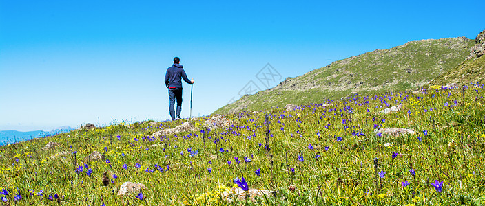 年轻人去远游山脉草地闲暇远足者团体爬坡运动假期旅游旅行图片