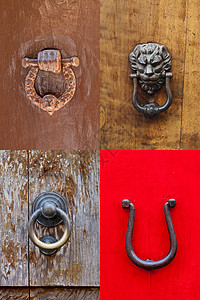 古意大利式的门敲门机和把手建筑狮子红色入口建筑学橙子黄铜危险青铜绿色图片