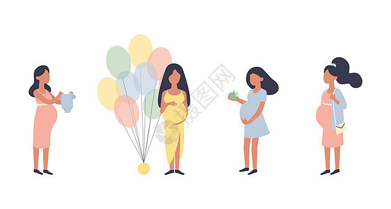 怀孕的女人 怀孕矢量插图集 怀孕期间的步行健康营养购买婴儿淋浴和其他情况 特征向量设计 健康的生活方式 分娩准备插图清单女性母亲图片