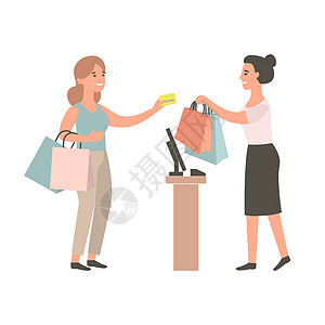 女出纳员向买方购买产品零售卡片市场消费者女孩盒子女士购物中心现金图片