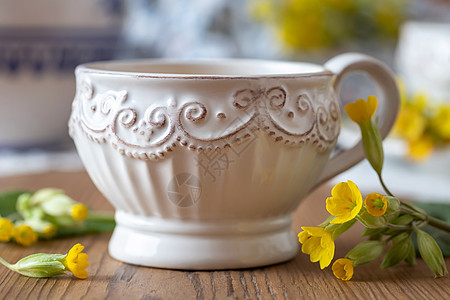 一杯草药茶 配着野生长普利姆花草本植物瓷器蓝色制品野花杯子植物输液茶碗自然图片