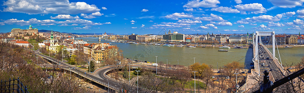 布达佩斯多瑙河水边全景游客旅行建筑学旅游首都场景城市蓝色教会市中心图片
