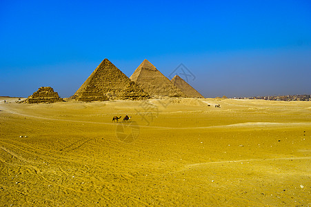 埃及的吉萨大金字塔埃及开罗 有斯芬克斯和骆驼游客狮身日落全景旅行天空旅游文明考古学沙漠图片