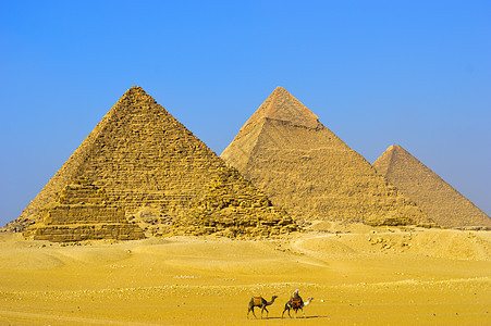 埃及的吉萨大金字塔埃及开罗 有斯芬克斯和骆驼金字塔天空旅游游客日落人面建筑学蓝色文明旅行图片