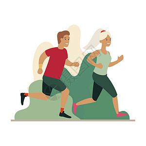 男人和女人在公园里奔跑女性慢跑者城市卡通片森林乐趣运动赛跑者动物行动图片