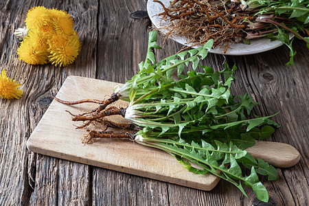 桌子上长根的整层花粉植物排毒草本植物荒野叶子草本自然乡村药物食物疗法图片