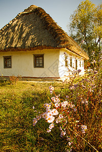 传统的乌克兰农村小屋 有稻草屋顶别墅旅行甘蔗木头天空国家建筑学村庄农场茅草图片