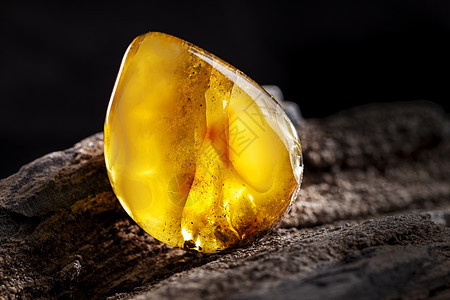 天然琥珀 黄色不透明的天然琥珀 在大片黑石头木头上珠子矿物材料分层琥珀色宏观化石蜂蜜珠宝反射图片