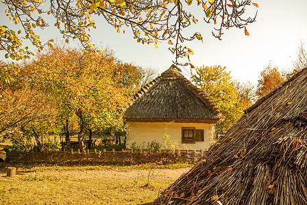 传统的乌克兰农村小屋 有稻草屋顶木头国家村庄天空别墅甘蔗花园房子旅行建筑学图片