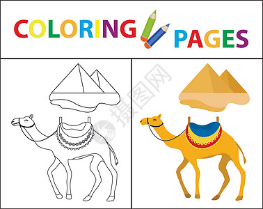 着色书页 骆驼和金字塔 素描轮廓和颜色版本 为孩子们着色 子女教育 矢量图图片