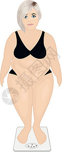 体重机器上的胖女孩 体重控制概念 超重图片