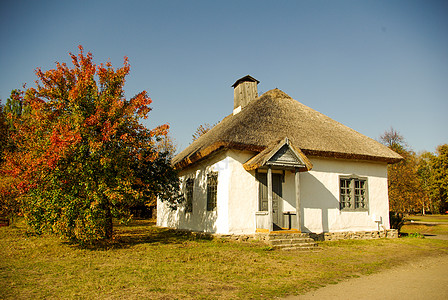 传统的乌克兰农村小屋 有稻草屋顶别墅旅行房子国家木头农场村庄窗户花园建筑图片