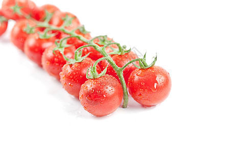 新鲜有机湿樱桃西红柿绿色叶子营养食物植物团体红色白色蔬菜图片