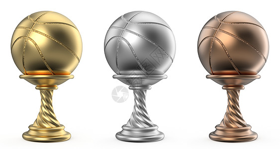 金 银和铜奖杯杯3D插图篮球收藏竞赛仪式冠军战利品游戏金子渲染图片