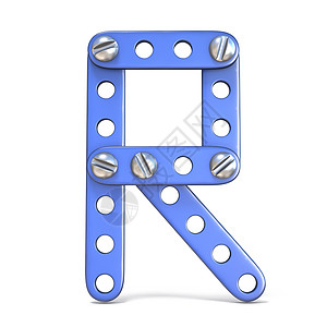 由蓝色金属构造器玩具字母 R 3 制成的字母表建造工业渲染爱好拼写教育机械字体白色工程背景图片