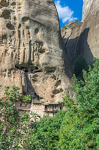 希腊Meteora的岩石形成洞穴寺庙悬崖信仰吸引力旅行旅游遗产流星教会图片